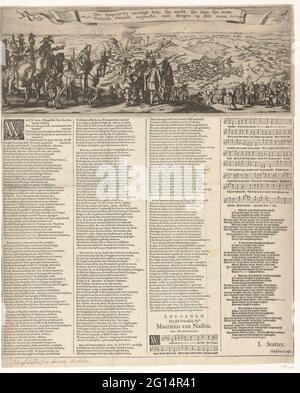Le soulagé de Bergen op Zoom par le Prince Maurits, 1622. La relievance de Bergen op Zoom à travers l'armée d'état sous le prince Maurits le 3 octobre 1622 avec laquelle une fin à l'échec de la tête de l'armée espagnole sous Spinola et Velasco, juillet 18 - octobre 3 1622. Le prince à cheval avec le résultat des officiers est accueilli par une délégation d'habitants de la ville. En dessous de la montre une feuille de texte avec 4 colonnes de texte et un hymne avec des poutres de noix sur le prince. Banque D'Images