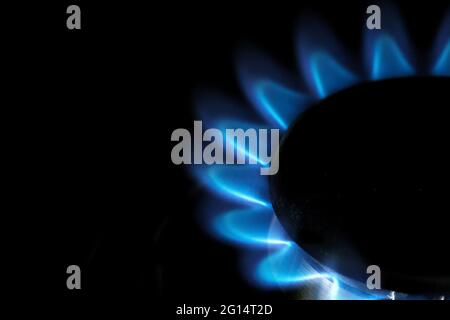 Gros plan de la flamme bleue de gaz naturel sur une cuisinière ou une table de cuisson Banque D'Images