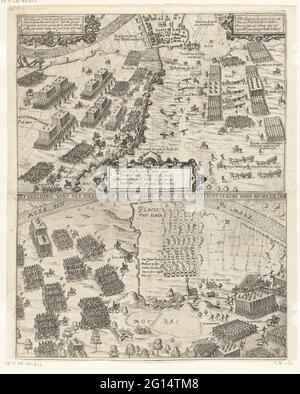 Échec de la tentative d'albrecht de soulager la tombe, 1602. Tentatives échouées par Aartshertog Albrecht pour soulager la tombe. Feuille avec deux plaques: Au-dessus de l'arrivée de l'armée espagnole aux lignes de défense de l'armée d'Etat, sous la retraite de l'armée espagnole avec le tambour silencieux. Partie des événements entourant le siège et l'admission de la ville de tombe par l'armée d'Etat sous le Prince Maurits, 18 juillet - 20 septembre 1602. Dans la partie supérieure 3 cartouts avec inscriptions en néerlandais, français et latin. Banque D'Images