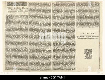 Feuille de texte utilisée sur la carte de Schenckenschans assiégée par Frederik Hendrik, 1635; New Perfect Caerte van Schencken-Schans, et les nouveaux forts, avec le Gantsche Siege Aen et Seat. Feuille de texte utilisée sur la carte du siège de Schenckenschans par l'armée d'Etat sous Frederik Hendrik, à partir du 30 juillet 1635. La dernière date mentionnée dans le texte est le 4 septembre. Feuille avec quatre colonnes de texte en néerlandais, fermée avec un fleuron sous l'adresse. Banque D'Images