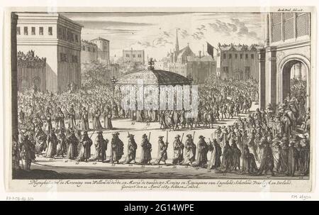 La procession de Kronings de Willem III, 1689; Putty au Krooning de Willem de Derde, et Maria la seconde, au roi et reine d'Angleterre, Écosse, Vrankryk et Irlande, célébrée le 21 avril 1689 à Londres. Procession à la cérémonie de Kroning, 21 avril 1689. Willem et Mary sous une verrière dans une longue procession sur le chemin de l'abbaye de Westminster. Avec les chiffres dans la performance et marqué en haut à droite: Troisième partie. FOL. 118. Banque D'Images