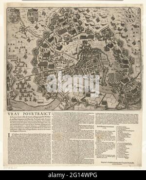 Siège et admission de la tombe par Maurits, 1602; VRAY PourTct de la Tres-forte ville de grave, Assiegee par les Nobles & Puissans Seigneurs, les Etatz des provinces Unies du pays Bas (...). Siège et admission de la ville de tombe par l'armée d'État sous le prince Maurits, 18 juillet - 20 septembre 1602. Carte de la tombe avec les défenses de la ville et dans la région. Avec les camps militaires de Maurits, Willem Lodewijk et Francis Vere. Il a quitté le camp militaire d'Aartshertog Albrecht. Au-dessus à gauche les bras des États généraux et de Maurits, en haut à droite de la ville de grave. Imprimé séparément sous le sho Banque D'Images