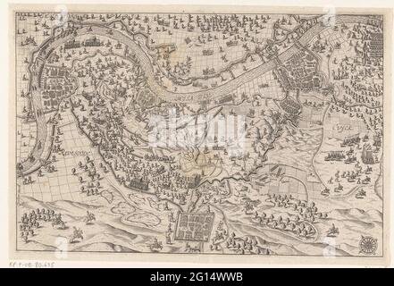 Siège et prise de tombe par Maurits, 1602. Siège et admission de la tombe de la ville par l'armée d'État sous le Prince Maurits, juillet 18 - septembre 20 1602. Plan de la tombe de la ville dans le pays environnant avec au sommet du Maas. Avec les camps de l'armée des bimonomères. Sans la légende sous le spectacle. Banque D'Images