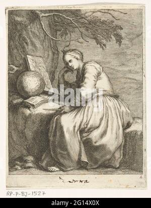 Sol; Terra; les quatre éléments. La figure des femmes assise comme la « géographie », avec ses attributs tels qu'une boussole, un livre, un globe et une carte. Banque D'Images