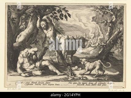 Le mercure tue Argus; les métamorphies d'Ovidius. Après qu'il l'ait endormi avec sa flûte, Mercury tue l'argus à cent yeux, qui a gardé le Koe io au nom de Juno. Sous l'affichage deux fois deux lignes de texte latin. Cet imprimé fait partie d'une série de 52 imprimés qui dépeignent des histoires des métamorphies d'Ovidius. Cette série varie en trois séries numérotées : deux sur 20 et une sur 12. Cette impression appartient à la première série. Banque D'Images