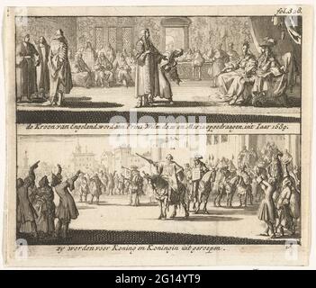 Willem et Maria ont nommé roi et reine d'Angleterre, 1689; la Couronne d'Angleterre, rejoindre le prince Wilm de III et Marie, en l'an 1689 / ZY sont appelés du roi et de la reine. Feuille avec deux performances. À l'étage, la couronne anglaise est offerte à Willem III et Maria, le 23 février 1689. En vertu de l'annonce à la rue du peuple par un appelant de la ville que le Prince Willem III et la princesse Maria Stuart ont été nommés Roi et Reine d'Angleterre, le 23 février 1689. Important en haut à droite : FOL. 828. Banque D'Images