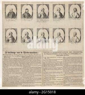 Les délégués de Brabant aux discussions de paix en 1632; AF-image des Peacemaeckers / Orte délégués UYT Brabant, est arrivé dans 'SGraven-Hage den 4. Decembris 1632; Figure et représentation des Seigneurs les départements de Brabant; Arrivez a la Haye, le 4. De décembre 1632. Verser la trancheuse de la paix. Fiche avec portraits des dix délégués du Brabant aux pourparlers de paix de la Haye, 4-14 décembre 1632. Sous la plaque des textes imprimés en néerlandais et français avec les noms des représentations et le cours des événements. Portraits de : 1) Jacques Boonen, 2) Philippe de Cavarel, 3) Philip Karel van Arenberg, 4) Gerard Banque D'Images