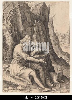 Jean-Baptiste dans le désert. Jean-Baptiste dans le désert, assis à une souche d'arbre avec son agneau. Banque D'Images