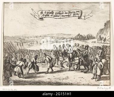 Le prince rencontre le duc de Grafton, 1688; Sijn K: Hoogheijt de Hartog van Grafton et d'autres cordtts; quatre plaques sur l'atterrissage et la réception de Willem III en Angleterre en 1688. Le Prince Willem III secoue la main de Henry Fitzroy, 1er duc de Grafton. Sur la droite autres nobles à cheval, en arrière-plan l'armée de Willem III Banque D'Images