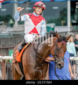 Elmont, NY, États-Unis. 4 juin 2021. 4 juin 2021 : lors de la course du vendredi au Belmont Stakes Festival à Belmont Park à Elmont, New York. Scott Serio/Eclipse Sportswire/CSM/Alamy Live News Banque D'Images