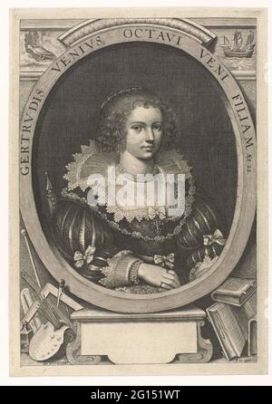 Portrait de Geertruida van Veen. Portrait de danwerpse peint Geertruida van Veen (fille d'Otto van Veen) à l'âge de 22 ans. Buste à droite, ovale, habillé en élégant crash avec grand col plat. En bas à gauche des attributs de la peinture et du dessin; en bas à droite des livres. Banque D'Images