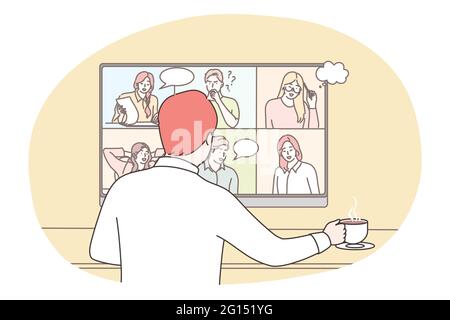 Affaires, en ligne, seo, conférence, réunion, concept de communication. Un employé du gestionnaire d'affaires communique en ligne avec ses employés. Brainstorming sur le travail à distance sur la covid19 quatantine. Illustration de Vecteur