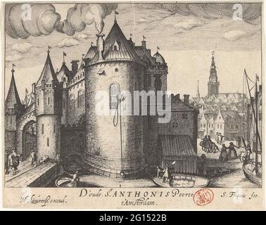 Vue sur le premier Sint-AntonieSpoort à Amsterdam; d'Oude St. Anthonis Poorte t'Amsterdam.; faces à l'intérieur et autour d'Amsterdam (Simon Frison). Vue sur le côté du premier Sint-AntonieSpoort à Amsterdam. Sur la droite, en arrière-plan, la vieille église. Après les agrandissements de la ville depuis la fin du XVIe siècle, ce bâtiment du XVe siècle se trouve dans la ville (sur le Nieuwmarkt) et perd sa position de porte d'entrée. En 1617-1618, il a été meublé comme Waag. Au bas de la représentation, à gauche du centre, numéroté: I. partie d'une série de cinq tirages à Amsterdam et près. Banque D'Images