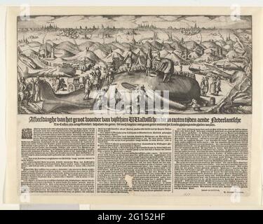 Baleines échouées entre 1519-1617 sur la côte hollandaise, 1617; Figure du grand miracle de Fifthien Whales qui dans Corten Times Aende Nederlischen Zee-Cues sont avege dents: Se comporte que non / que ni Dagelicx avec grand niveau est les terres fantôme finissant ghesien. Vue d'ensemble des baleines échouées entre les années 1519-1617 sur la côte néerlandaise. Au premier plan est un gros cachalot qui a grimpé et mesuré. Sur la plage de la mer du Nord à gauche et à droite du quartier par la mer jusqu'à Ter Heijde plusieurs poissons échoués en pot. Dans la performance la mention de laver un crocodile-comme sam Banque D'Images