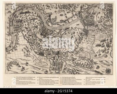 Siège et prise de tombe par Maurits, 1602. Siège et admission de la tombe de la ville par l'armée d'État sous le Prince Maurits, juillet 18 - septembre 20 1602. Plan de la tombe de la ville dans le pays environnant avec au sommet du Maas. Avec les camps de l'armée des bimonomères. Imprimé séparément sous la représentation de la légende 1-20. Banque D'Images