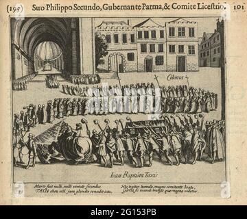 Funérailles de Johann Baptista von Tassis à Cologne, 1588. Funérailles de Johann Baptista von Tassis, Dissub près du siège van Bonn, à Cologne, le 26 avril 1588. Épisode de la guerre de Keulse. Avec légende de 4 lignes en latin. Numéro 195. Imprimé au dos avec texte en latin. Banque D'Images