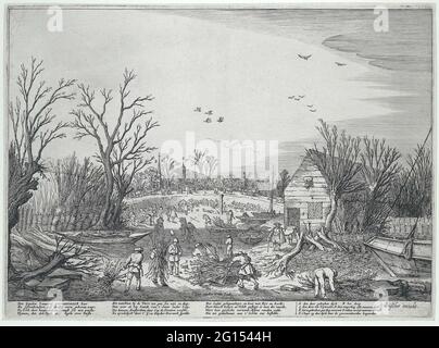 Travaux de réparation sur l'étanchéité cassée à Vianen. La fuite cassée en 1624. Des hommes avec des patrons de branche sur leur dos marchant dans le lit sec de la fuite. Les bateaux sont vidangés. Le Lekdijk est restauré avec des branches. Au loin, la tour de l'église du village de Vianen et la tour Dom d'Utrecht. Sous le texte de l'image en néerlandais dans quatre colonnes, y compris une légende. Banque D'Images