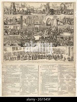 Procédures et cérémonies entourant le couronnement de Willem et Maria au roi et à la reine d'Angleterre, 1689; la voie de la procession et des cérémonies, truyt dans et au sujet de la Krooning de William de III. Et Maria de II Roi et reine de Grande-Bretagne, Vrankrijk et Yrlandt, protecteurs de la foi. Le 11 avril 1689. Ancien style.; la forme de la procédure à, et les cérémonies utilisées au couronnement de leurs plus excellents Majestés, William, et Marie, roi et reine de Grande Bretagne, France et Irlande, défenseurs de la foi. Sur le XI d'Aprill, 1689. Vue d'ensemble dans une grande et huit plus petites scènes Banque D'Images