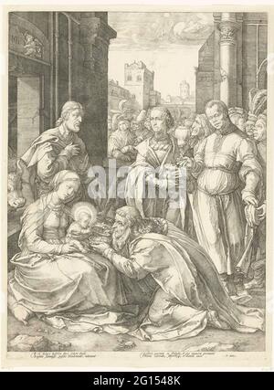 L'adoration des rois; le début de la vie de Marie; les pièces maîtresses. Maria et Joseph montrent, assis dans / avec une ruine, leur enfant nouveau-né aux trois rois ou point de l'est et leur conséquence. Sous le spectacle quatre règles de fraîcheur latine. Cet imprimé fait partie d'une série de six tirages avec des scènes de la vie de Marie. Ils sont appelés les « astérisques » parce que Goldzius a simulé le travail de différents illustres prédécesseurs. Banque D'Images