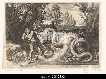 Compagnons de cadmus dévorés par un dragon; métamorphoses d'Ovid. Les hommes de Cadmus sont tués par le dragon qui garde la source d'eau. Banque D'Images