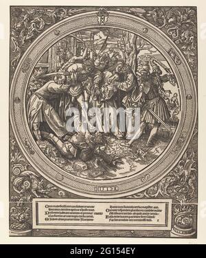 Le Judaskus, la passion ronde. À partir d'une série de douze tirages. Judas côte Christ fasciné par les soldats. Pierre à l'épée relevée, attaque Malchus. Cadre décoratif rond. Cadre inférieur avec texte en latin. Imprimé de plusieurs blocs. Banque D'Images
