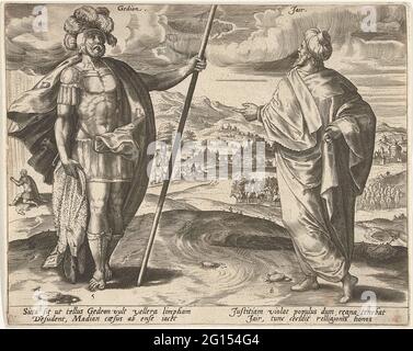 Gideon et Jair; les douze juges d'Israël. Au premier plan, les cinquième et sixième juges d'Israël: Gideon et Jain. En arrière-plan deux histoires de leur temps. Laissé en arrière-plan Gideon prie un Dieu Ramshuid à un signe. Sur la droite en arrière-plan les trente fils de Jair, qui se trouvent sur des ânes. L'impression comporte une légende latine. Banque D'Images