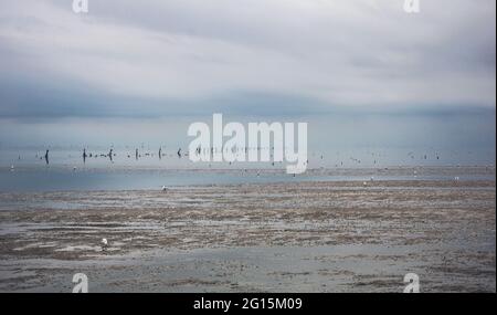 Surréalisme Plage de Cuxhaven sur la côte allemande de la mer du Nord. Plage de sable à marée basse avec Kugelbake, une balise en bois sur la côte. Banque D'Images