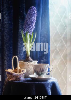 Encore la vie avec la jacinthe de fleur sur une table de thé Banque D'Images