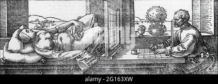Albrecht Dürer - Rapporteur pour avis Femme allongée 1525 Banque D'Images