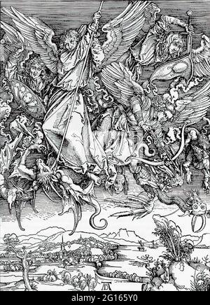 Albrecht Dürer - St Michael Fighting Dragon 1498 Banque D'Images