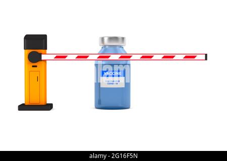 barrière automatique et vaccin de covid-19 sur fond blanc. Illustration 3D isolée Banque D'Images