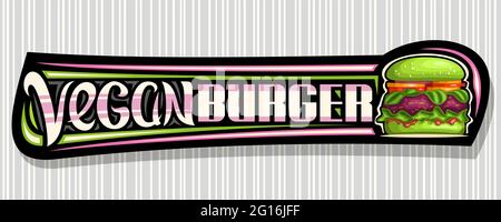 Bannière vectorielle pour hamburger végétalien, panneau d'affichage horizontal avec illustration de hamburger avec patty rouge grillée et légumes dans un pain vert, bon décoratif Illustration de Vecteur