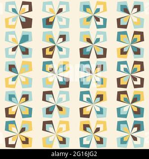 Fond géométrique rétro du milieu du siècle. Brun vintage, jaune moutarde et bleu sarcelle. Motif fleuri sans couture, illustration vectorielle. Abstrait rétro Illustration de Vecteur