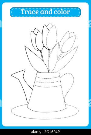 Dessinez et colorez un bouquet de trois tulipes dans une arrosoir rétro. Illustration de Vecteur