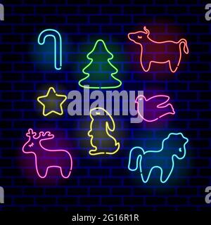 Ensemble de décorations de Noël fluo. Décoration jouet de Noël panneau lumineux, bannière lumineuse. Illustration vectorielle colorée. Illustration de Vecteur