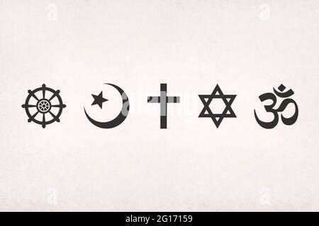 Les principaux symboles religieux (bouddhisme, islam, christianisme, judaïsme et hindouisme) sont imprimés sur papier. Banque D'Images