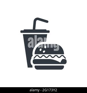 Restauration rapide savoureuse, boisson simple et hamburger icône noire sur blanc Illustration de Vecteur