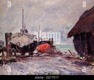 Claude Monet - Bateaux de pêche Etretat 1873 Banque D'Images