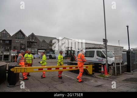 Siljac Europa, Falmouth Cornwall, ouvert aux entreprises, Sommet du G7, Falmouth High Street, Sommet du G7 à Cornwall, quais de Falmouth, le navire restera statique, amarré à Falmouth, utilisé pour une période de 10 jours, hébergement, restauration, crédit: kathleen White/Alamy Live News Banque D'Images