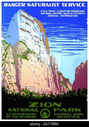 Parc national de Zion, Ranger Naturaliste Service par Chester Don Powell (1896-1964). Affiche WPA ancienne restaurée publiée en 1938 aux États-Unis. Banque D'Images