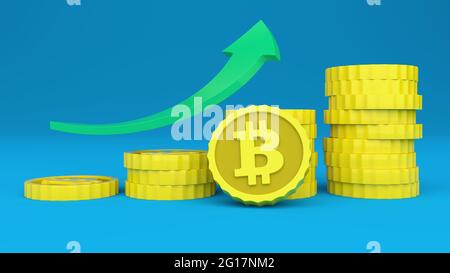 Piles de pièces de monnaie en bitcoins dorés, avec une flèche verte vers le haut et un fond bleu. Représentation de l'augmentation de la valeur. Illustration 3D Banque D'Images