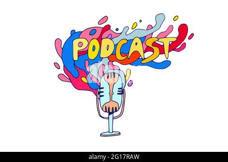 Logo du podcast. Dessin animé coloré doodle inscription mot podcast avec microphone. Icône de dessin animé drôle isolée. Idéal pour le podcasting, la diffusion, les médias Illustration de Vecteur