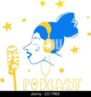 Podcast logo fille. Jeune femme blogueuse parlant dans le microphone avec un casque. Icône vectorielle avec inscription. Profil de visage avec casque. Bon pour p Illustration de Vecteur