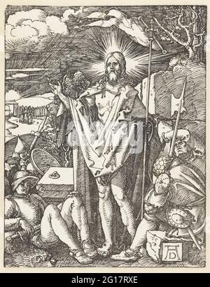 La résurrection; la petite passion. Christ debout à côté de sa tombe, un personnel avec un service de restauration en main, entouré de soldats dormant. Cet imprimé fait partie de la série d'imprimés « de Kleine Passie », composée d'un titre imprimé et de 36 scènes bibliques (principalement issues de l'histoire de souffrance). Banque D'Images