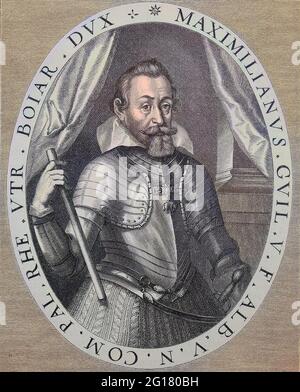 Maximilian I, 17 avril 1573 - 27 septembre 1651, parfois appelé - le Grand, un membre de la Maison de Wittelsbach, a régné comme duc de Bavière à partir de 1597, Illustration après une gravure de Klian à partir de l'année 1620 / Maximilian I., 17. Du 1573 au 27 avril. Septembre 1651, gelegentlich auch - der Große genannt, ein Mitglied des Hauss Wittelsbach, regierte als Herzog von Bayern ab 1597, Abbildung nach einem Stich von Klian aus dem Jahr 1620, historique, numérique amélioration de la reproduction d'un original du 19e siècle / digitale Reprodukelage eintion 19. Jahrhundert, Origina Banque D'Images