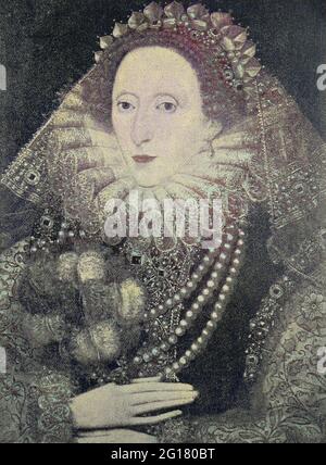 Elizabeth I, du 7 septembre 1533 au 24 mars 1603, fut reine d'Angleterre et d'Irlande du 17 novembre 1558 jusqu'à sa mort le 24 mars 1603. Parfois appelé la Reine de la Vierge, Gloriana ou bonne Reine Bess, peinture par Zucchero à Hamptoncourt après une photographie originale de W.M. Spooner & Co. À Londres, Angleterre / Elisabeth I., 7. Du 1533 au 24 septembre. März 1603, WAR Königin von England und Irland vom 17. Novembre 1558 bis zu ihrem Tod am 24. März 1603. Manchmal auch The Virgin Queen, Gloriana oder Good Queen Bess genannt, Gemälde von Zucchero in Hamptoncourt nach einer Originalfotografie von W.M. S Banque D'Images