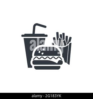 Délicieux fast food, cocktail, frites et hamburger simple icône noire sur blanc Illustration de Vecteur