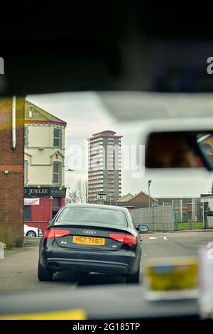 Voir l'historique de l'avant-poste de la divis tower Shankill Road, Belfast, Irlande du Nord, Royaume-Uni, 2018 Banque D'Images