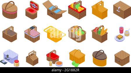 Ensemble d'icônes de panier à pique-nique. Ensemble isométrique d'icônes vectorielles de panier de pique-nique pour la conception de sites Web isolée sur fond blanc Illustration de Vecteur