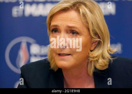 Marine le Pen, Président de RN (rassemblement National), assiste à une conférence de presse à Saint-Chamond, Loire, RÉGION DE L'AURA, France, juin 3 2021 Banque D'Images